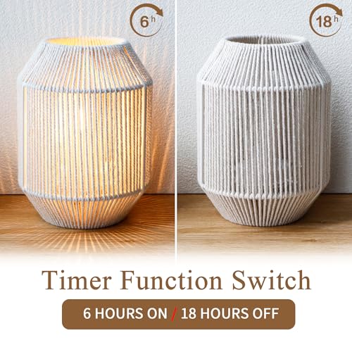 JHY DESIGN Set of 2 Woven Lampshade Table Lamps 8.5" H Cotton Rope Bedside ‌Light‌s Cordless Decorative Battery Operated Lamps with 6 Hours Timer for Bedroom Living Room Weddings Parties Patio - color: 6.5"D Off-white