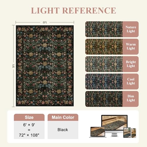 DUKINO 6x9 Rugs for Living Room, Vintage Washable Rug with Non Slip Backing, Floral Low Pile & Non-Shedding Large Area Carpets for Bedroom, Dining Room, Farmhouse, Home Office, Black - color: Black, size: 6' x 9' (Rectangular)