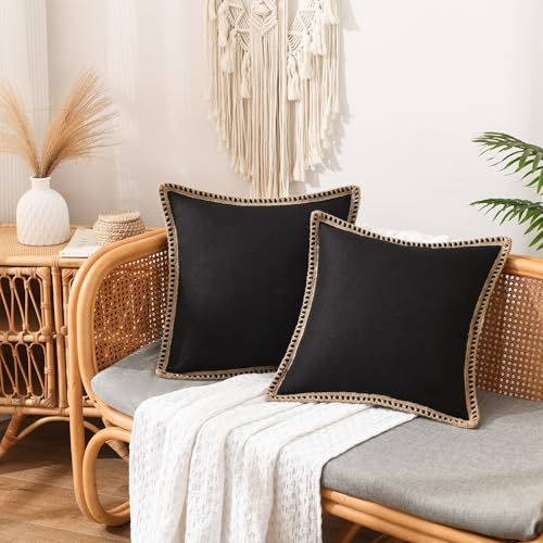 NordECO HOME Set of 2 Farmhouse Throw Pillow Covers - Burlap Linen Trimmed Tailored Edges Decorative Cushion Covers for Bed Home Decoration, 18 x 18, Black - color: Black, size: 18" x 18" (Pack of 2)
