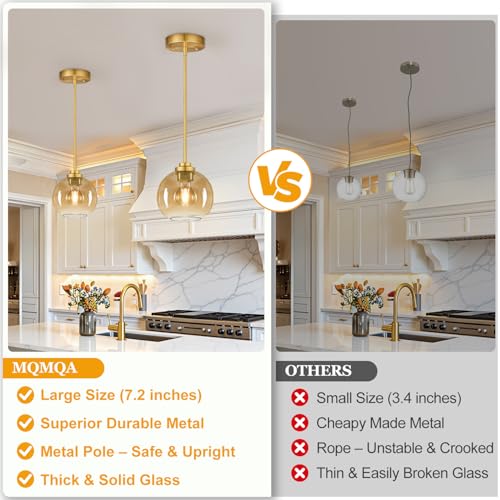 MQMQA 2 Pack Gold Globe Pendant Lights, Mid Century Gold Pendant Light Fixtures, Amber Glass Pendant Lights Kitchen Island Adjustable Hanging Fixture for Dining Room (Bulbs not Included) - color: Brushed Gold + Amber Glass 2 Pack