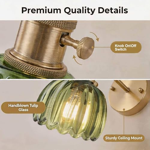 2 Pack Vintage Wall Sconces, Green Tulip Glass Shade Wall Lamp with 2 Natural Light Bulbs, Hardwired Design with Rotary Switch, Decorative Light for Bedroom Hallway Living Room - color: Green 2pcsTulip Wall Light