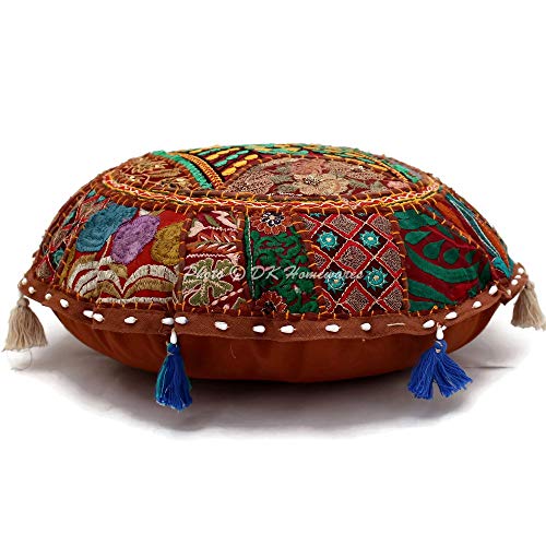 Round Bohemian Floor Pillow Boho Dark Brown 18 Inch Patchwork Yoga Ottoman Stool Home Decor Embroidered Vintage Cotton Indian Floor Cushion Adult 45 cm