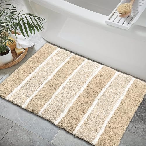 Chardin home Cordural Stripes Bath Mat, Set of 2 Bath Rugs (17x24 Inches & 21x34 Inches) | Non Slip Bathroom Rug, Machine Washable, Plush, Highly Absorbent | Beige-White - color: Beige-white