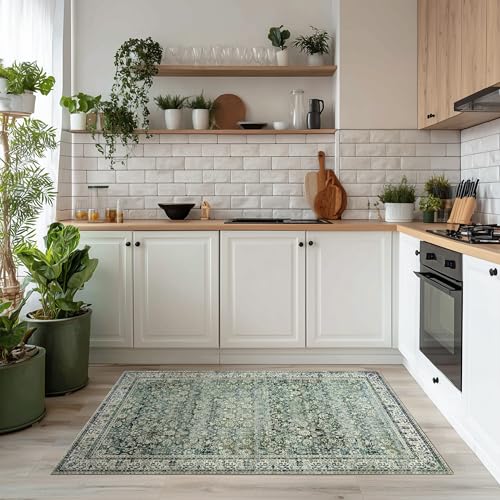 3x5 Area Rug for Entryway Indoor Low Pile Green Rugs with Washable Non Slip Boho Vintage Distressed Ultra Thin Entry Way Rugs for Kitchen Laundry Room Bathroom Inside House,3 x 5,Dark Green and Blue - color: Dark Green, size: 3' x 5' (Rectangular)
