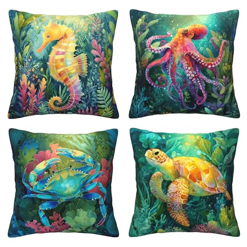 Coastal Beach Throw Pillow Covers 18 X 18 Inch Set of 4 Decorative Cushion Cover Home Decor for Sofa Chair Couch Bedroom Living Room - color: Coastal Beach