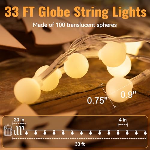 WERTIOO Globe String Lights Battery Operated – 33ft 100 LED Globe Lights with Remote, 8 Modes & Timer – Warm White String Lights for Bedroom, Christmas Tree, Garden, Tent, Camping, Indoor & Outdoor - color: Warm White-33ft