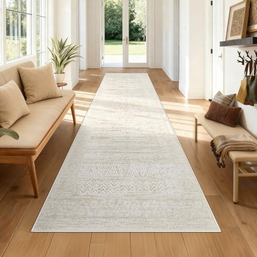 2x8 Washable Runner Rug: Moroccan Geometric Boho Rug Farmhouse Non Slip Stain Resistant Rugs Low Pile Soft Carpet for Porch Kitchen Laundry Room Living Room Bedroom (Ivory Beige,2'x8') - color: Ivory Beige, size: 2' x 8' (Rectangular)