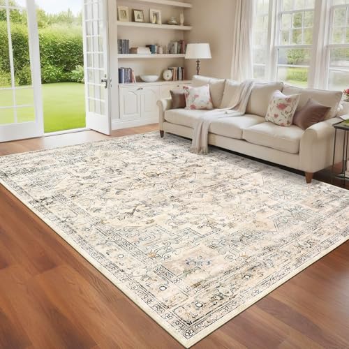 GarveeHome Washable Area Rug 3x5 Vintage Living Room Rug Floral Rugs Carpet Stain Resistant Distressed Rugs Indoor Floor Cover for Bedroom Dining Room Home Office Beige - color: Beige, size: 3' x 5' (Rectangular)