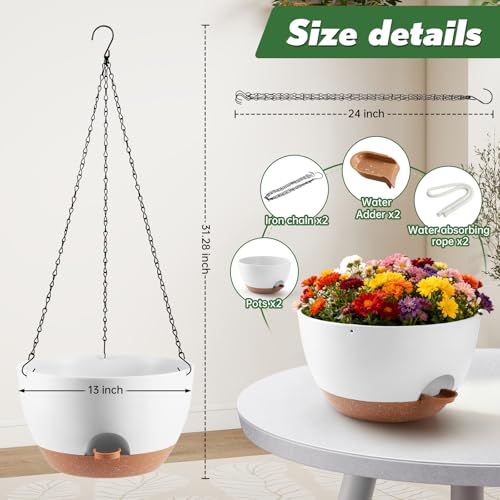 13-inch Oversized Hanging Planter Set of Two,Planters for Indoor and Outdoor Plants.Place Plant pots Across Diverse Settings Including windowsills,Living Room,and Gardens.White-Brown - color: White 2 Pack, size: 13 inch