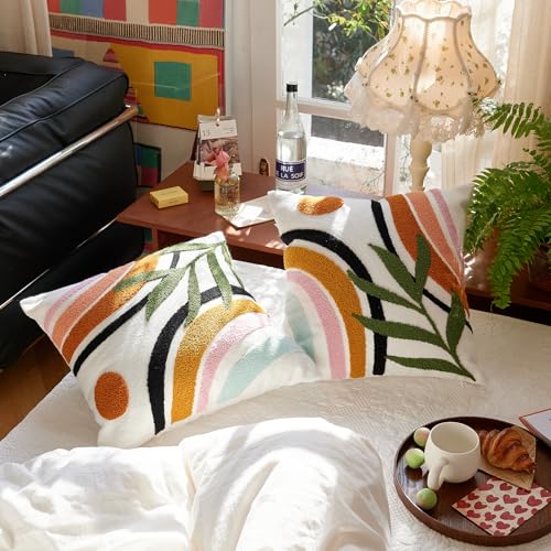 Bohu Farmhouse Colorful Rainbow Throw Pillow Covers 18x18, Textured Mid Century Tufted Abstract Pillowcase for Couch Sofa Bedroom Living Room,1PC - color: Black,yellow,green