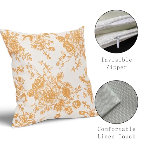 Orange and Cream Floral Pillow Covers 18x18 Inch Set of 2 Vintage Floral Throw Pillow Covers Chinoiserie Flower Pillowcases Rustic Farmhouse Cotton Linen Cushion Covers for Couch Bed Sofa Decor - color: Orange, size: 18" x 18" (Pack of 2)