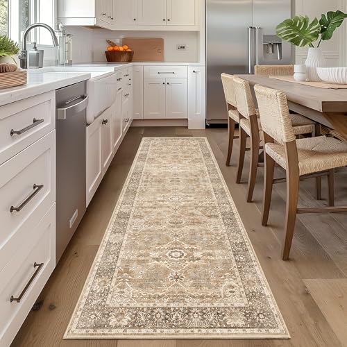 2x6 Runner Rug Beige Vintage Washable Runner Rugs for Hallway Kitchen Boho Hallway Rug Low Pile Non-Slip Retro Distressed Carpet for Entryway Bathroom Bedroom Beige - color: Beige, size: 2'*6'(Runner)