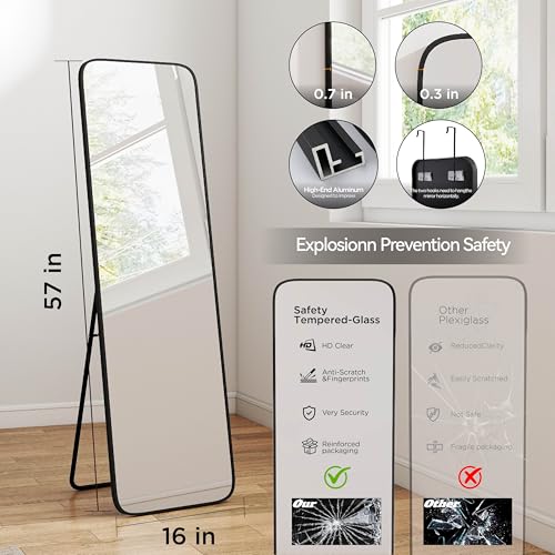 SCWF-GZ 57x16 Full Length Mirror Over The Door Hanging, Floor Stand/Wall Mounted Aluminum Alloy Frame Dressing Mirror for Bedroom Living Room 57 inch Black - color: Black, size: 57"L x 16"W