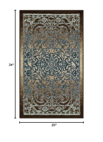 Maples Rugs Pelham Vintage Medallion Area Rugs - Made in USA - Washable, Non-Slip, Low Profile Indoor Rug for Entryway, Foyer, Kitchen, and Bathroom, 1'8 x 2'10, Blue/Walnut - color: Blue/Brown, size: 1'8" x 2'10" (Rectangular)