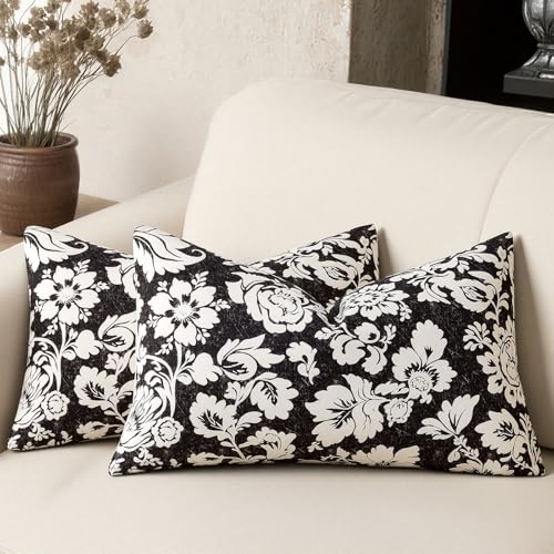 Black 12x20 Floral Pillow Covers：Vintage Throw Pillows Decorative 100% Cotton Covers — Neutral Modern Farmhouse Patterned Accent Covers for Couch Sofa Bed Living Room Farmhouse Pillowcases Pack of 2 - color: Sf-black, size: 20" x 12" (Pack of 2)
