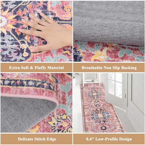 Pauwer Boho Hallway Runner Rug 2x6 Washable Entryway Area Rugs Non Slip Farmhouse Vintage Floor Mat Carpet Runner for Hallways Laundry Room Kitchen Bathroom Bedroom - color: Fuchsia Multi, size: 2' x 6' (Runner)