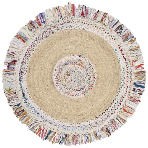SAFAVIEH Cape Cod Collection Area Rug - 5' Round, Ivory & Light Beige, Handmade Boho Fringe Jute & Cotton, Ideal for High Traffic Areas in Living Room, Bedroom (CAP205B)