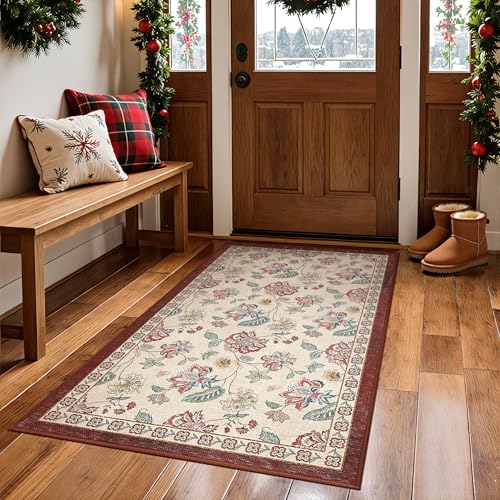 jinchan Elora 3x5 Floral Rug for Entryway Washable Kitchen Rug Vintage Romance Design Small Mat Non Slip Indoor Doormat Lightweight Low-Profile Throw Carpet for Bathroom Laundry Room, Red/Beige - color: Bloom Red/Beige, size: 3' x 5' (Light Weight)