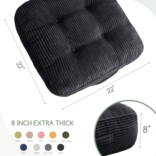 HIGOGOGO 8" Extra Thick Floor Pillow Cushion for Adults, Meditation Cushion Pillow, Large Square Floor Sitting, Tufted Corduroy Cover, for Tatami Living Room or Yoga, 22x22 Inch, 2Pack, Black - color: Square Black, size: 8" Thick(Pack of 2)