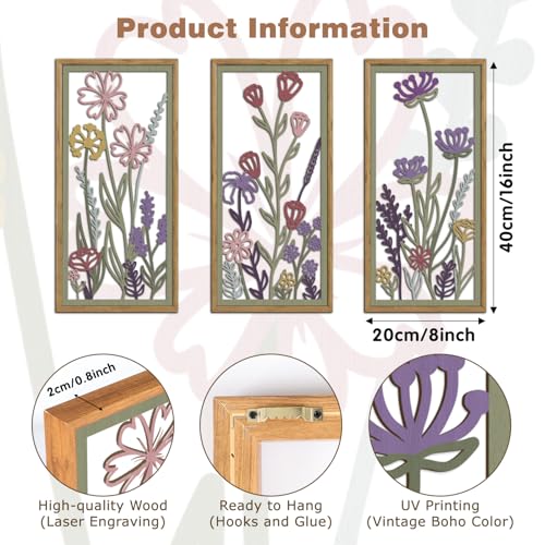 KAIRNE Neutral Floral Wooden Wall Art Set of 3,Framed Vintage Botanical Flower Decor,Minimalist Wildflower Wood Hanging Decor,Modern Farmhouse Decoration for Living Room Bedroom Office Kitchen,8X16 inch - color: Flower Wooden Wall Art, size: 8"L x 16"W
