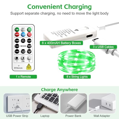 8 Pack Rechargeable LED Fairy Lights 7Ft 20LED Battery Operated with Remote, DIY Timer & 8 Modes, Mini Twinkle String Lights for Indoor Christmas Wedding Mason Jar Bedroom Party Table (Green) - color: Green