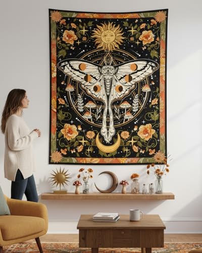 Aipon Orange Moth Tapestry Boho Retro Floral Flowers Tapestries Aesthetic Vintage Mushroom Tapestries Bedroom Indie Vertical Tapestry Wall Hanging for Living Room Dorm (60.00'' × 80.00'', Orange) - color: Orange, size: 80"L x 60"W