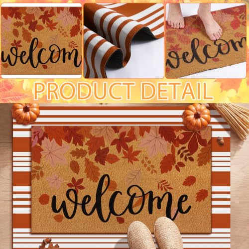 Moucuny 2 Pcs Fall Doormat Welcome Door Mat Outdoor Autumn Non Slip Coir Front Door Mat Orange and White Plaid Checked Rug for Fall Thanksgiving Indoor Outdoor Porch Entrance Decor (Maple Leaves) - style: Maple Leaves