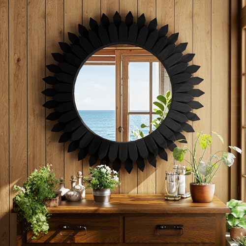 Boho Wood Sunburst Round Wall Mirror, 24 Inch Rustic Circle Wooden Frame Decorative Mirror for Farmhouse Coastal Home, Home Wall Decor for Living Room Entryway Bedroom, Light Wood - color: Black, size: 24"L x 24"W