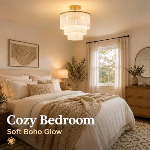 3-Tiered Boho Chandelier with Metal and Fringe,3 Lights Fringe Pendant Light Fixture,Tassle Chandelier for entryway,Dining Room,Baby Nursery,Gold and Light Beige - color: 3-Tiered-Light Yellow