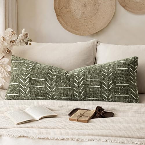 Home Décor Decorative Boho Chenille Throw Pillow Covers Textured Neutral Cushion Covers Soft Farmhouse Body Pillowcase for Couch Sofa Chair Bed Living Room, 14×36 Inch, 1 Piece, Olive Green - color: Olive Green, size: 36" x 14" (Pack of 1)
