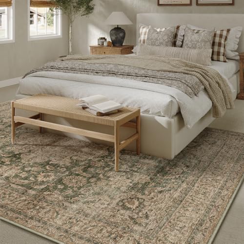 5x7 Washable Area Rug Green Brown Vintage Non Slip Soft Low Pile Rug for Living Room Bedroom Dining Room Office Distressed Oriental Indoor Throw Carpet for Home Decor - color: Green/Brown, size: 5' x 7' (Rectangular)