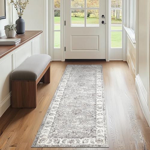 jinchan Fiora Runner Rug 2x5, Distressed Vintage Floral Washable Rug with Low-Pile Surface and Non-Slip Backing, for Entryway Kitchen Laundry Room Indoor Walkways and High-Traffic Areas, Grey - color: Distressed Grey, size: 2' x 5' (Light Weight)