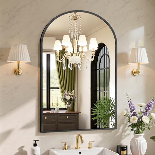 NEWBULIG 24X36 Inch Arched Bathroom Mirror for Wall, Vanity Bathroom Mirrors for Over Sink Tempered Glass, Anti-Rust Arched Metal Framed, Hangs Horizontally or Vertically, Farmhouse Home Decor, Black - color: Black-arched, size: 36"L x 24"W