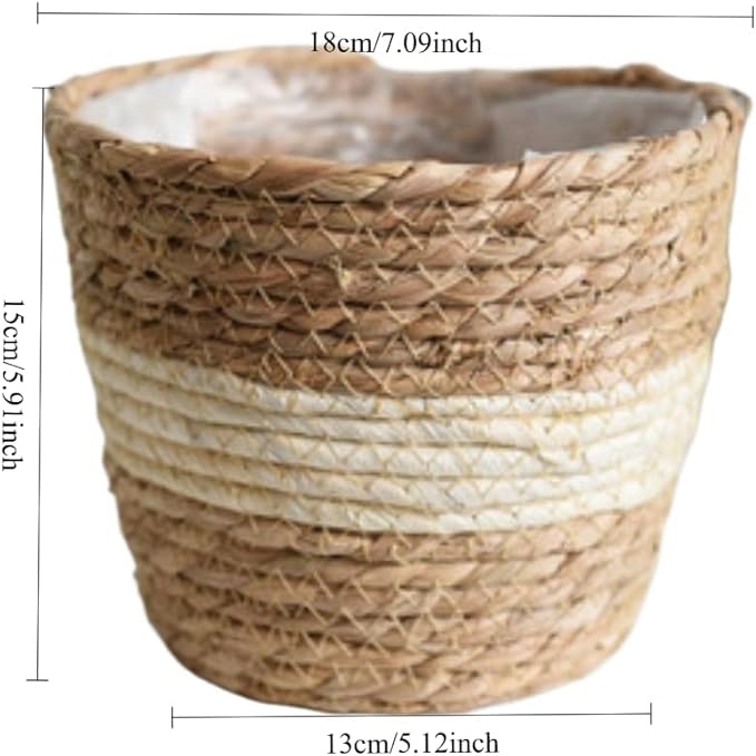 Water Hyacinth & Corn Stalk Woven Plant Basket with Plastic Liner Indoor Rustic Planter Basket for Home Floor Potted Plants Decorative Flower Pot Holder(7.09inch)