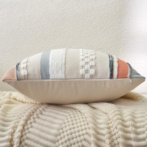 Aeckself Boho Throw Pillow Covers 18x18 Inch Set of 2, Farmhouse Decorative Striped Square Pillow Covers Chenille Tufted Pillow Cases Accent Neutral Pillowcase for Living Room Couch Bed, Orange Blue - color: Orange Blue