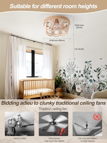 20" Boho Ceiling Fan with Light, Coastal Flush Mount Fandelier Ceiling Fans with Lights and Remote Control,Enclosed Beaded Caged with 6 Speeds for Bedroom Nursery Living Room