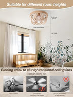 20" Boho Ceiling Fan with Light, Coastal Flush Mount Fandelier Ceiling Fans with Lights and Remote Control,Enclosed Beaded Caged with 6 Speeds for Bedroom Nursery Living Room