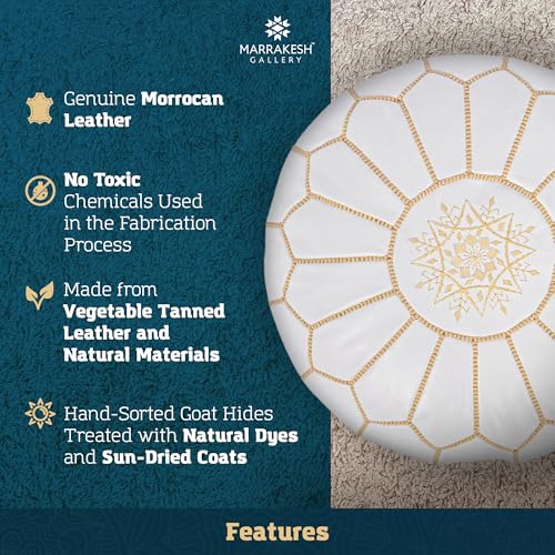 Marrakesh Gallery Genuine Leather Round Pouf Unstuffed - Moroccan Ottoman Footstool, Footrest Cover - Boho Decor - Bohemian Living Room, Bedroom, Kids Room, Gift & Wedding - color: White By Musk