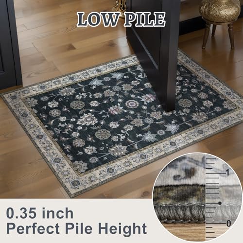 Tangsoo Vintage Floral Black 2x3 Washable Rugs for Entryway, Small Area Non-Slip Vintage Rug for Front Door, Brown Accent Rug Doormat, Soft Low Pile Rugs for Indoor Entrance Kitchen - color: Black, size: 2' X 3' (Rectangular)