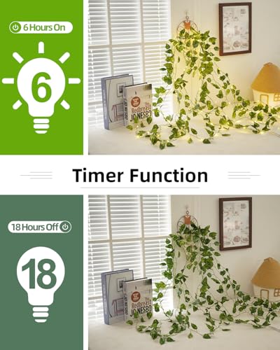 KASZOO 33ft 100 LED Vine with Fairy Lights - Pothos String Lights Battery/USB Operated, Ivy Garland with Remote, Leaf Lights for Bedroom Garden Party Wall Room Decor - color: Pothos-USB/Battery Powered-100 LED-Copper Wire
