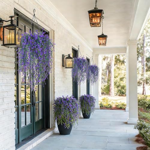 2 Set Artificial Flower Hanging Baskets for Outdoors, 20Pcs Fake Hanging Plants, Outdoor Faux Flowers UV Resistant for Spring Summer Porch Patio Garden Home Decoration (Purple) - color: Purple
