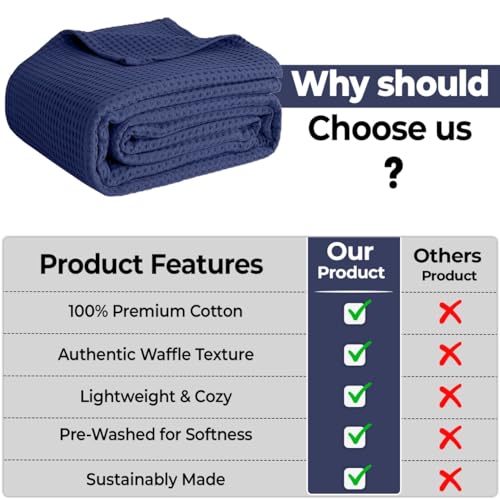 100% Cotton Blankets for Bed - Waffle Weave Blankets for Summer, Lightweight and Breathable Soft Woven Blanket for Spring (Navy, Queen (90" x 90")) - color: Navy, size: Queen (90" x 90")