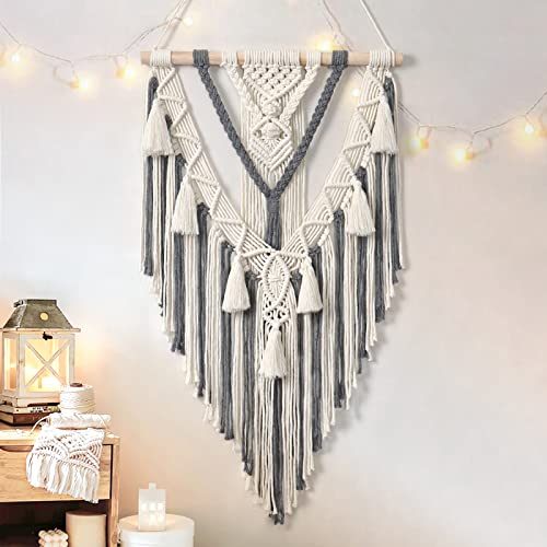 Dremisland Macrame Woven Wall Hanging Boho Geometric Woven Tapestry Beige & Grey Cotton Handmade Bohemian Art Decor with Tassel Craft Ornament for Bedroom Living Room Apartment Nursery (Grey) - color: Grey