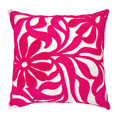 Alysheer Farmhouse Floral Leaves Embroidered Decorative Throw Pillow Cover 18x18 inches, Boho Tufted Flowers Embroidery Pattern Chic Cotton Cushion Case for Couch Bed Sofa Living Room(Bright Hot Pink) - color: Hot Pink Floral, size: 18" x 18" (Pack of 1)