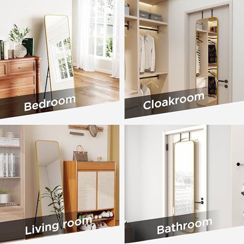 SCWF-GZ 57x16 Full Length Mirror Over The Door Hanging, Floor Stand/Wall Mounted Aluminum Alloy Frame Dressing Mirror for Bedroom Living Room 57 inch Gold - color: Gold, size: 57"L x 16"W