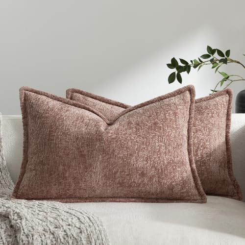 DEZENE Pack of 2 Pink Decorative Throw Pillow Covers 12x20 Cozy Soft Chenille Boho Accent Vintage Farmhouse Rectangular Lumbar Couch Pillow Covers for Home Decor Bed Sofa Living Room - color: Dusty Pink, size: 20" x 12" (Pack of 2)
