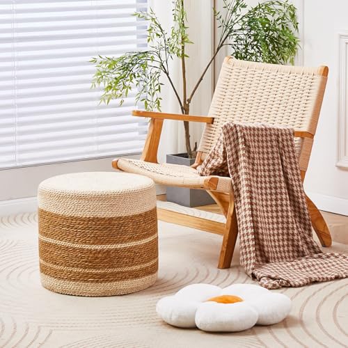 Wimarsbon 2Pcs Pouf Ottomans, Natural Seagrass Foot Stool, Hand Weaving Round Ottoman, Boho Decorative Seat, Jute Braided Pouffe Poof Accent Sitting Footrest for Living Room (18inch 68LG) - color: 18inch Cattail&corn Shell