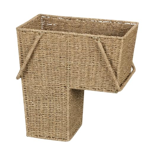 Household Essentials Wicker Stair Basket with Handles, Handwoven Seagrass, Natural - style: Seagrass and Corn Husk