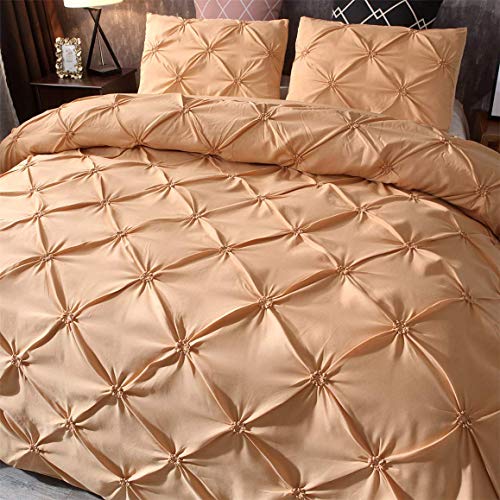 Feelyou Pinch Pleated Comforter Cover Set Queen Pintuck Bedding Set Soft Pintuck Tufted Duvet Cover with 2 Pillow Shams Luxury Microfiber Quilt Cover Solid Champagne Breathable Zipper 3 Pieces - color: Champagne, size: Queen