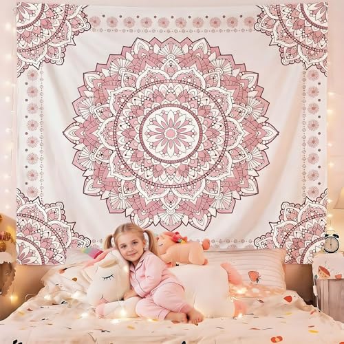 Atrippy Boho Pink Mandala Wall Tapestry for Bedroom, White and Pink Aesthetic Tapestry Room Decor for Teen Girls, Extra Small Art Floral Wall Hanging for College Dorm 36x48 inches - color: A Pink Mandala Tapestry, size: 48"L x 36"W